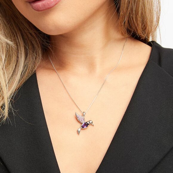 NWT Kay Jewelers Amethyst and Pink Sapphire Hummingbird Necklace Sterling Silver - Picture 2 of 9